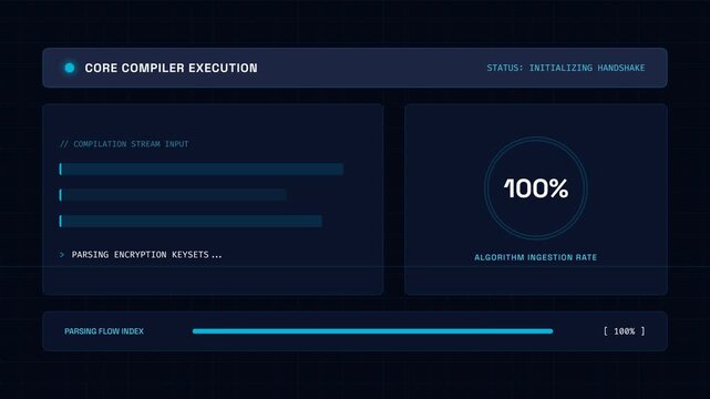 Computer system compilation process, dynamic software interface with progress bars and percentages, futuristic technology background, seamless loop, symbolizing innovation and data processing.