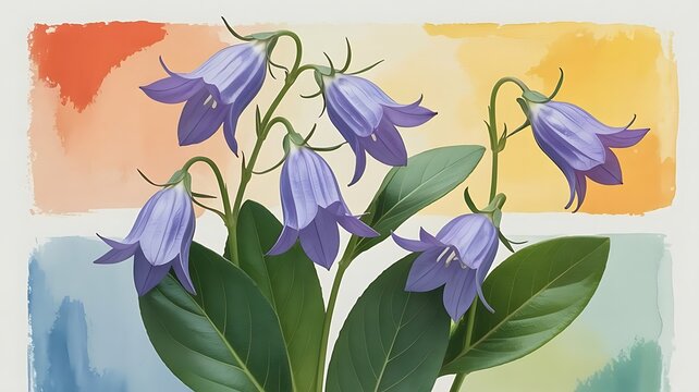 Purple bellflower blossoms with green leaves on a soft watercolor background for botanical art and design