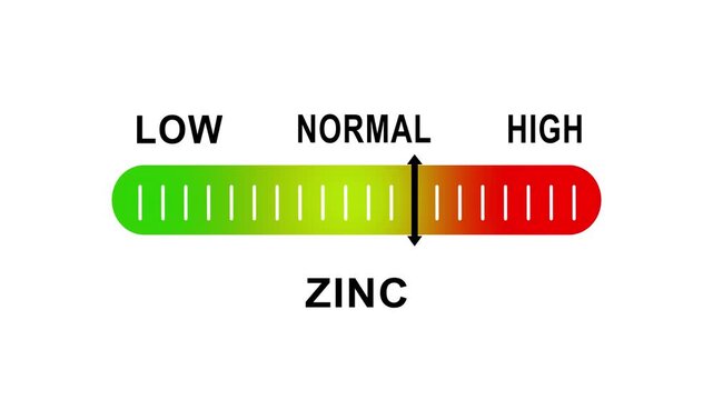 Zinc level indicator gauge animation: low to serum concentration scale for medical and nutritional health diagnostics