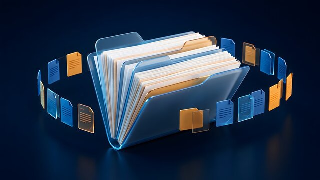 Centralized digital archive concept with a blue file folder surrounded by an orbiting ring of glowing electronic document icons