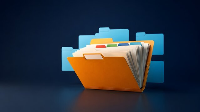 Digital transformation concept featuring a physical open file folder generating floating electronic digital folders
