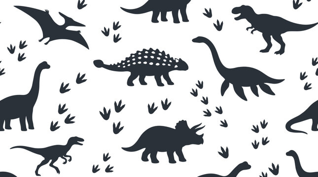 Seamless pattern with cute cartoon dinosaur silhouettes and footprints on white backdrop