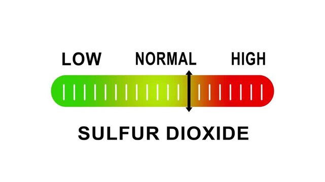 Sulfur dioxide air indicator gauge moving from low to levels, environmental pollution monitoring and chemical safety warning animation