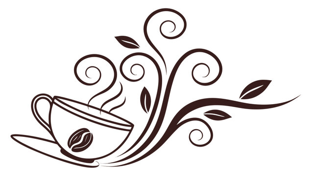 Steaming coffee cup with decorative floral swirls and coffee beans, beverage
