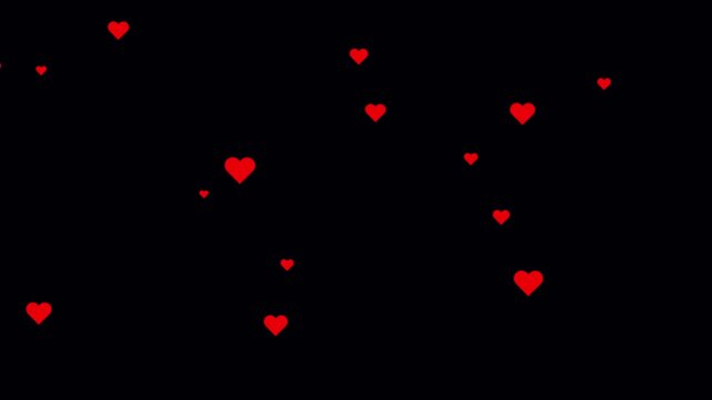 Realistic heart shapes floating on black background. Flying love icon concept valentines day. Seasonal valentine holiday. Like hearts live chat stream. Bright red hearts moving from bottom to top.