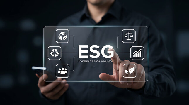 Hand selecting esg environmental social governance icons on digital screen