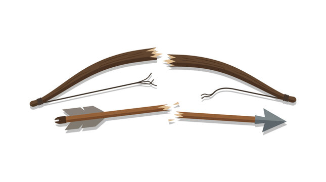 Broken wooden bow and arrow isolated