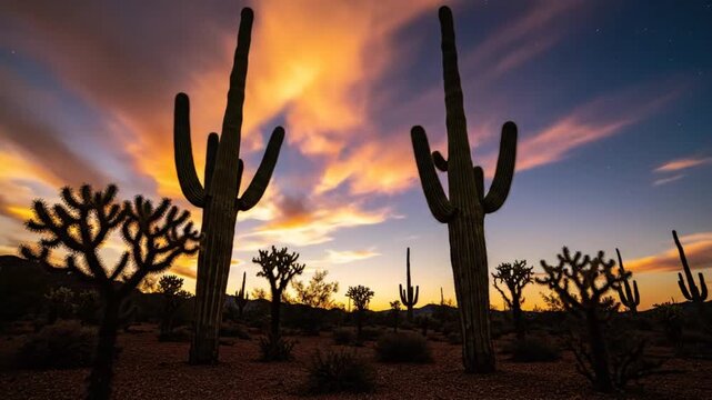 Time-lapse of the sunset over the desert with saguaro cacti, cholla plants, and stars