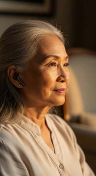 Senior asian woman profile with gray hair wearing wireless earbud listening to music or audiobook at home in warm sunlight