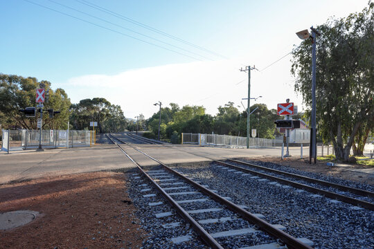 Level railroad crossing over asphalt road with double train tracks, traffic lights, and crossbuck warning signs in a rural Australian town landscape under a clear blue sky