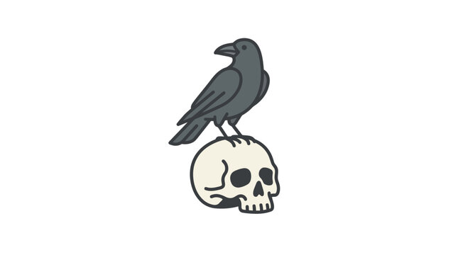 Minimalist illustration of a black crow perched on a human skull.