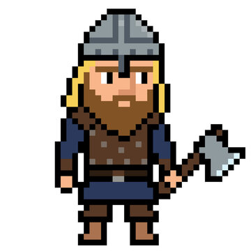 Pixel art medieval viking soldier sprite with helmet beard and one axe