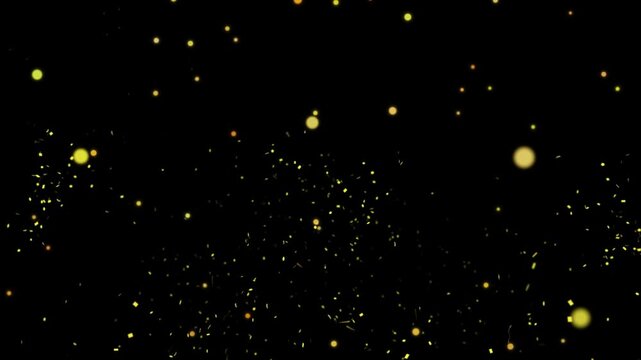 Golden sparks drift through a dark environment mimicking the appearance of fireflies or glowing stardust in the night.