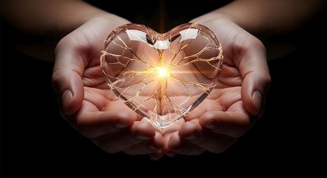 Hands holding a glowing cracked glass heart as a symbol of healing love