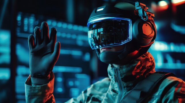 Immersive augmented reality pilot training experience featuring vibrant holographic elements and futuristic design