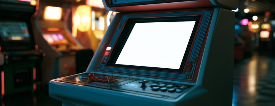 Arcade gaming machine with blank screen mockup in retro gaming environment  