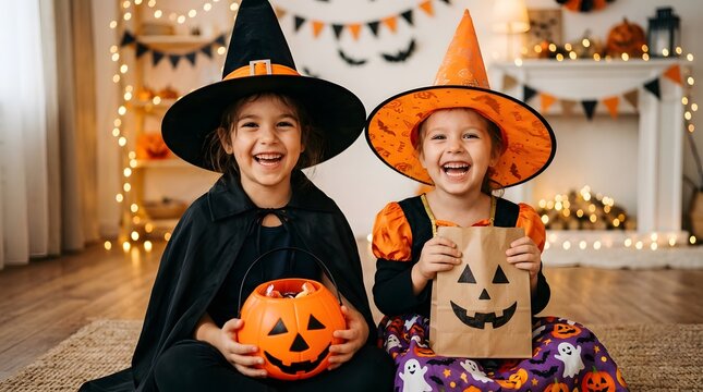 Two joyful children dressed in witch costumes celebrating a fun and spooky happy halloween at home together