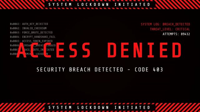 Cyber security breach, Access denied error message with code 403 on black background with red stripes, symbolizing hacking and data protection.