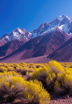 Vibrant Yellow Bushes and Snow-Capped Mountains Under a Clear Blue Sky.