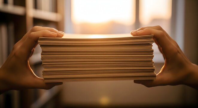 Hands holding a stack of paper sheets in a bright library setting