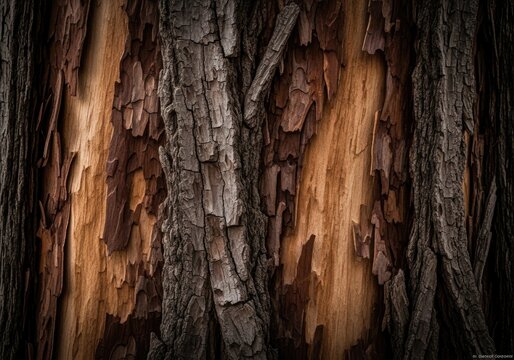 Close-up of textured tree bark with warm light and natural patterns.