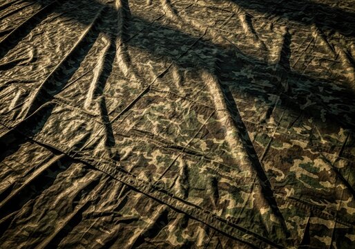 Abstract close-up of crumpled green tarp with strong shadows and light.