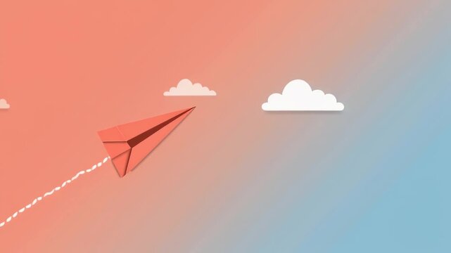 Minimalist Paper Airplane Gliding Through Gradient Sky with Clouds, Seamless Loop Animation