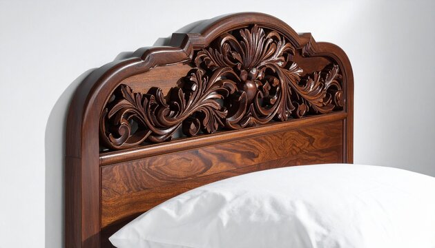 Ornate Carved Wooden Headboard in a Bedroom Setting