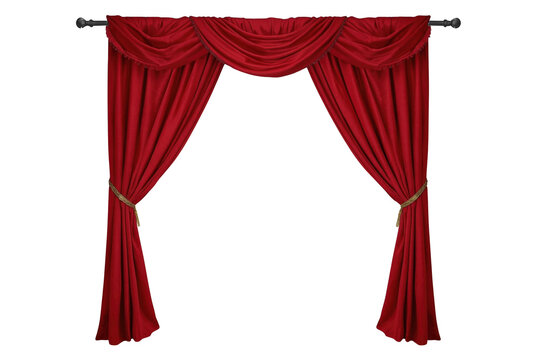 Luxurious red stage curtains with draped top valance