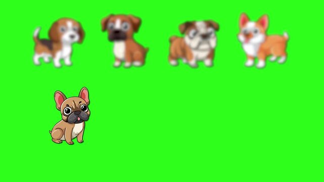 Animated Cartoon Dog Breeds with Text Labels on Green Screen