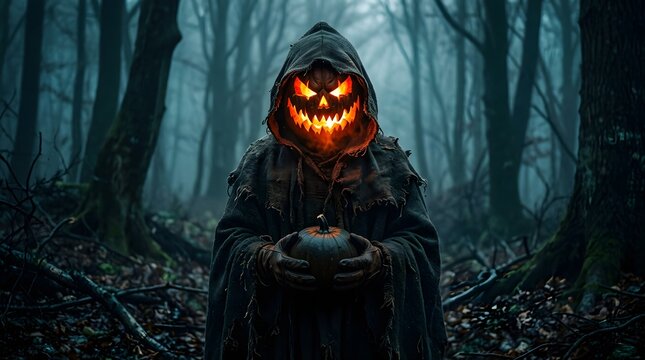 A spooky glowing pumpkin headed figure in a dark misty forest wishing you a very happy halloween