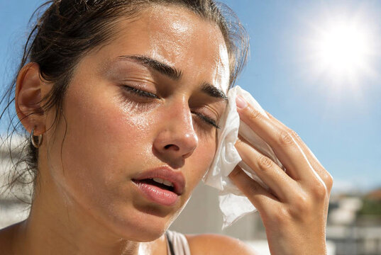 Exhausted Woman Suffering from Heatwave and Dehydration outdoors