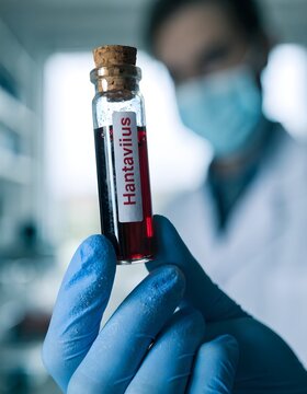 Scientist holds vial labeled hantavirus in laboratory