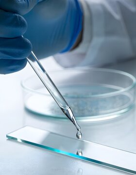 Scientist's hand with blue glove using pipette to drop liquid onto glass slide