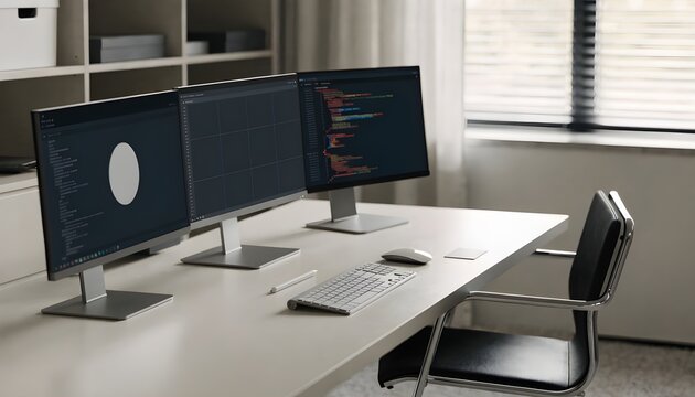 Triple monitor setup displaying code on a desk with a chair