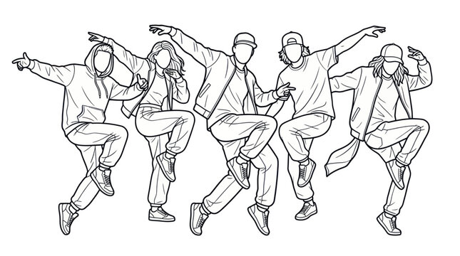 Group of street dancers performing breakdance line art.