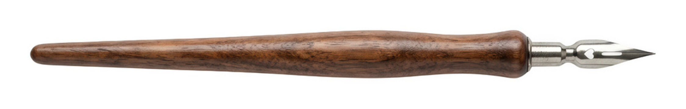 A sleek dark wood calligraphy dip pen featuring a shiny metallic nib positioned isolated transparent background image