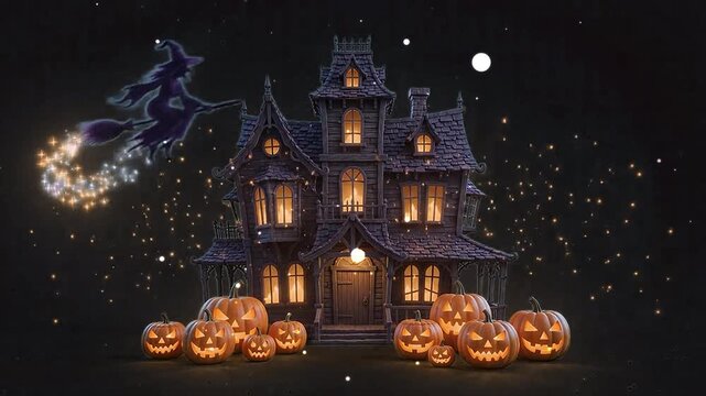 Spooky haunted mansion emerging from darkness with flying witch and carved jack o lanterns in glowing eerie halloween night.