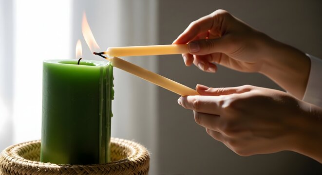 Hands lighting a large green pillar candle with two taper candles indoors