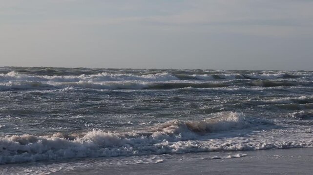 Hirtshals, Denmark Large waves on a windy North Sea Beach