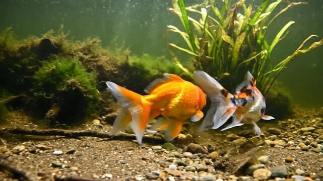 Graceful Goldfish Swimming in a Tranquil Underwater World with Lush Greenery and Pebble Bottom