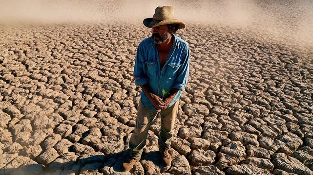 One seed stands alone on cracked earth in a dry landscape with a person holding it in search of hope in a difficult environment