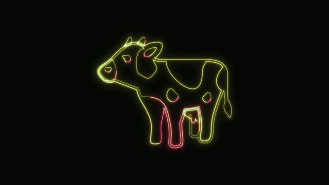  Cow Icon Neon Seamless Loop 4K with Black Background Animated Promotional Typography for Video Editing