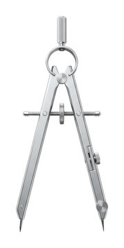 Bright polished chrome metal drafting compass standing upright, displaying precise isolated transparent background image