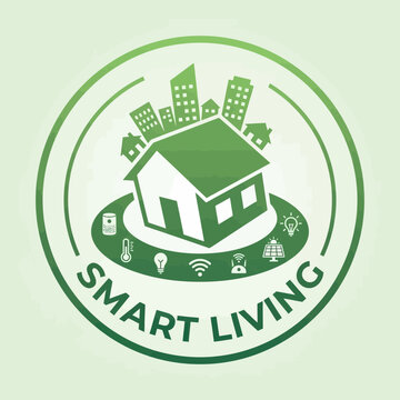 Smart living eco home technology emblem with city skyline.