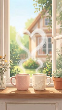 Steaming mugs on a windowsill with heart