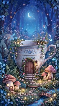whimsical teacup cozy cottage surrounded by glowing mushrooms and flora