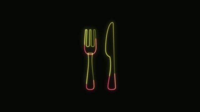  Fork and Knife Icon Neon Seamless Loop 4K with Black Background Animated Promotional Typography for Video Editing