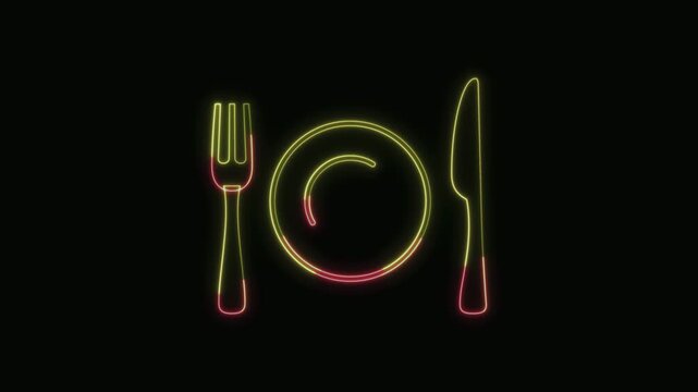  Fork and Knife with Plate Icon Neon Seamless Loop 4K with Black Background Animated Promotional Typography for Video Editing