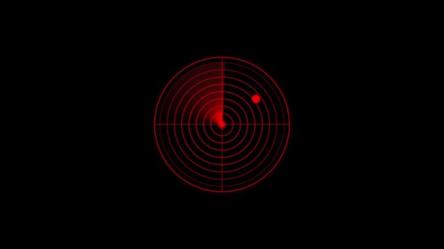 Red radar screen scanning animation with target blip detection loop sonar
